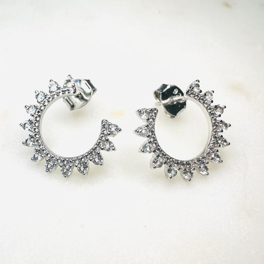 White Topaz Studded C Shape on Rhodium-finished 925 Sterling Silver Earring