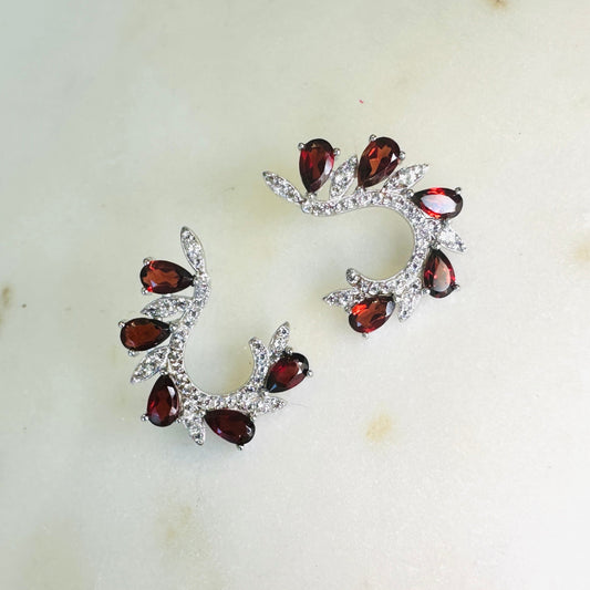 Garnet and White Topaz C Shape on Rhodium-finished 925 Sterling Silver Earring