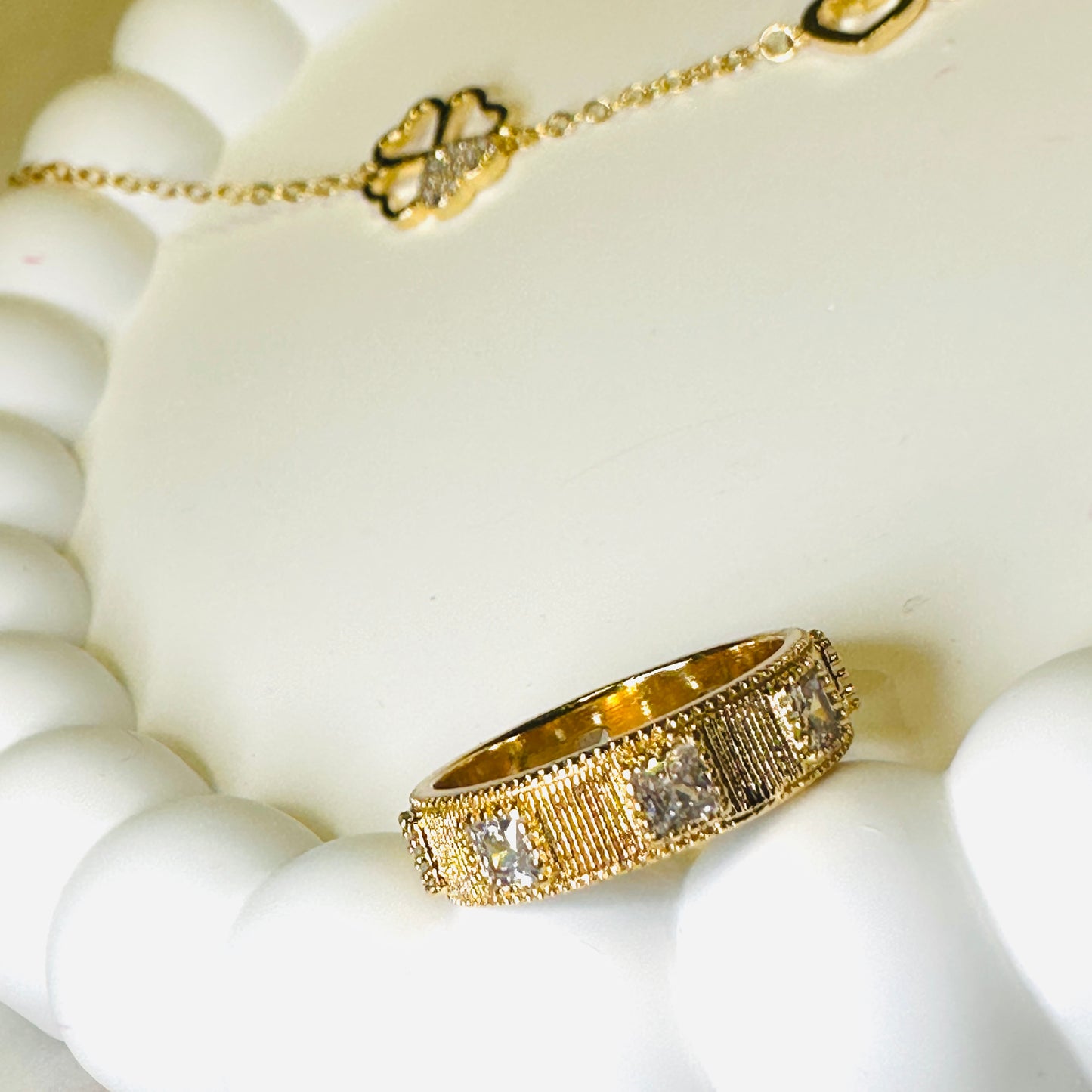 Wide Grooved with Princess-cut 18K Gold Plated Ring