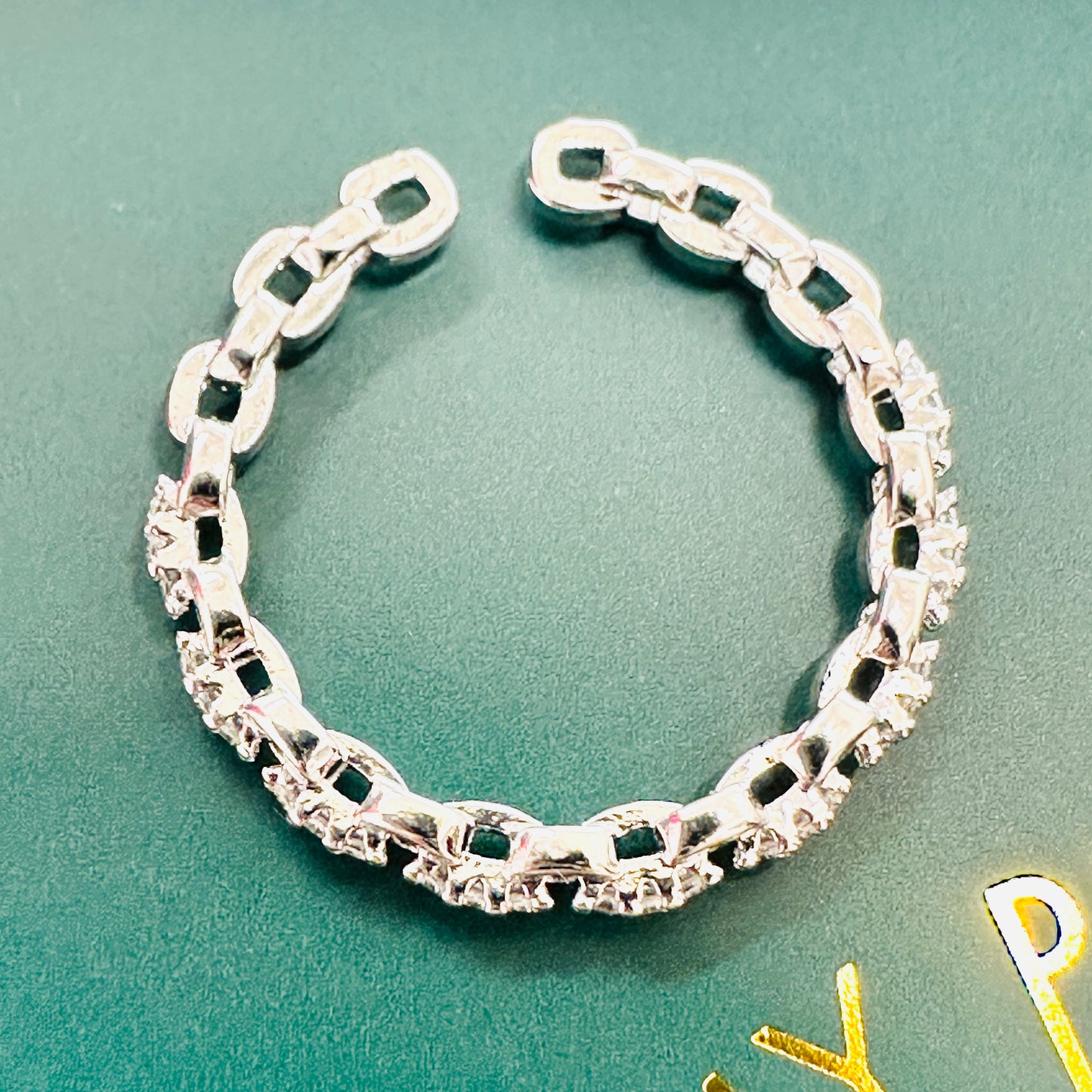 Thin Adjustable Mini Zircons on Links White Rhodium Plated Ring