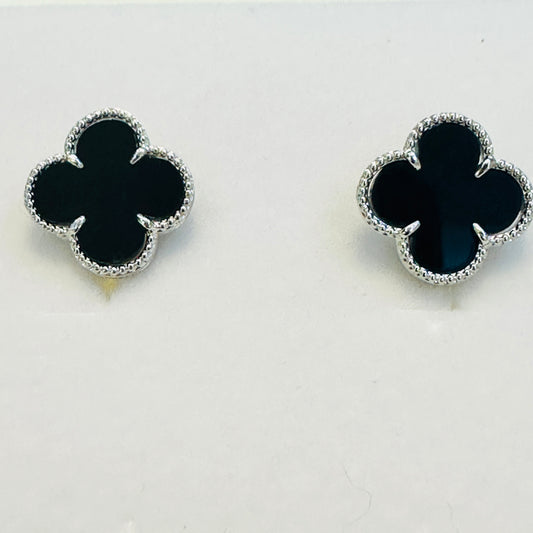 Black Lucky Clover - White Rhodium Plated Earrings