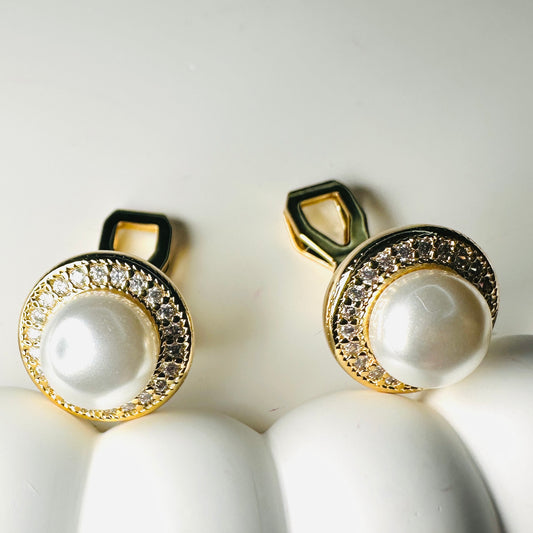 Pearl with Studded Round Clip-on 18K Gold Plated Earrings
