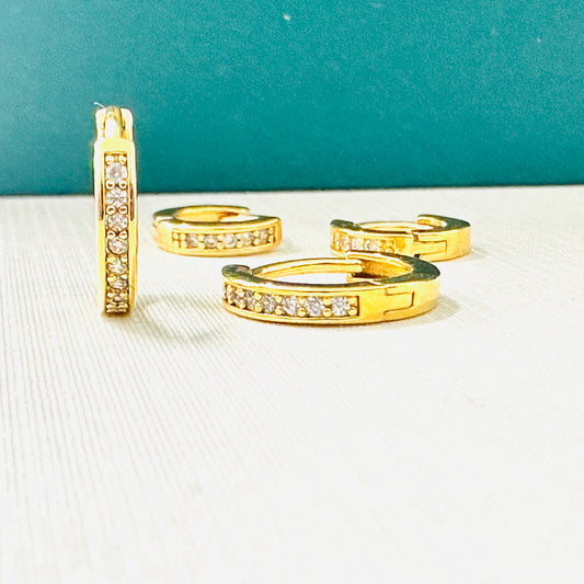 18K Gold Plated Duo Click Small Hoops Studded Zirconia Earrings