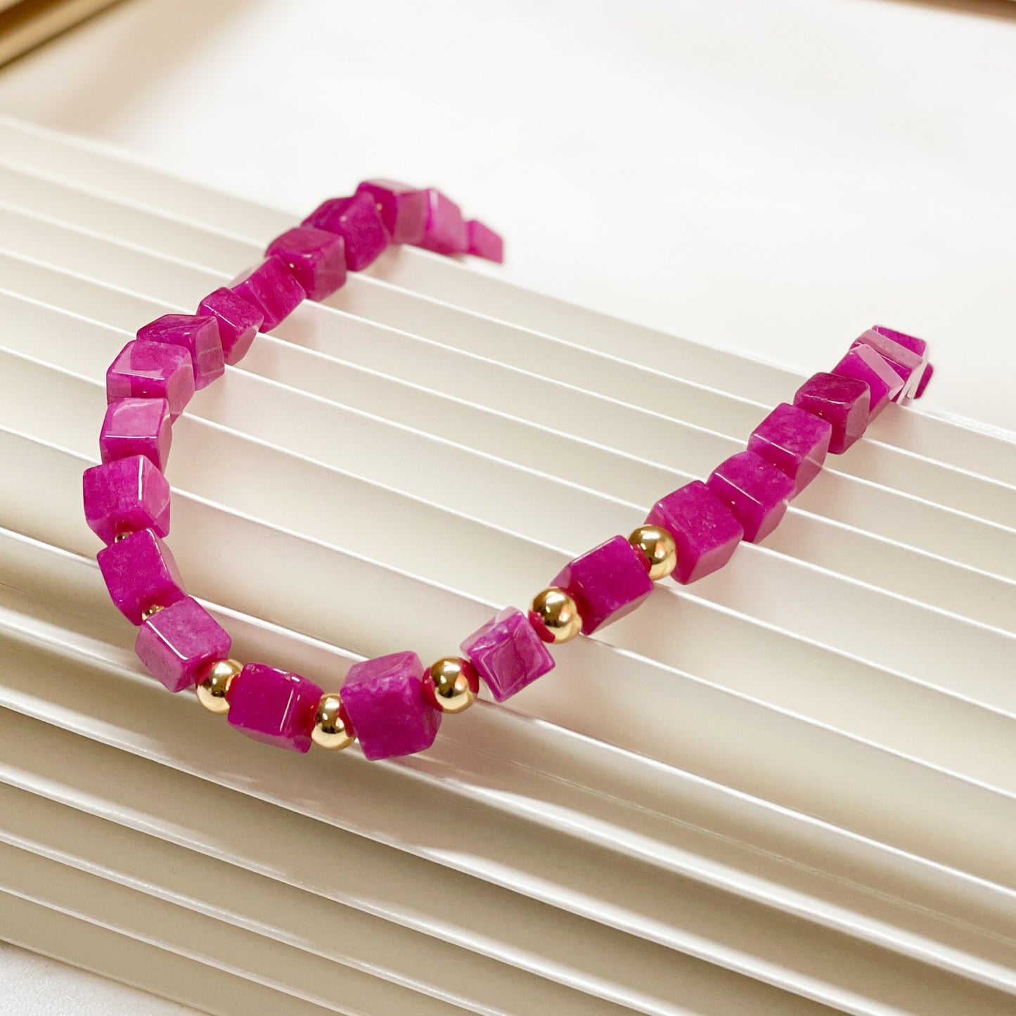 18K Gold Plated Square Pink Jade and Golden Balls Necklace