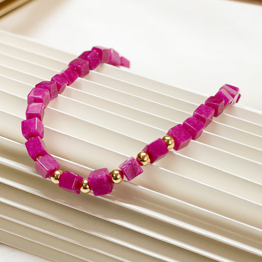 18K Gold Plated Square Pink Jade and Golden Balls Necklace