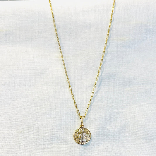 Saint Benedict Medal Pendant Necklace on a Curb Chain - 18K Gold Plated - 65cm
