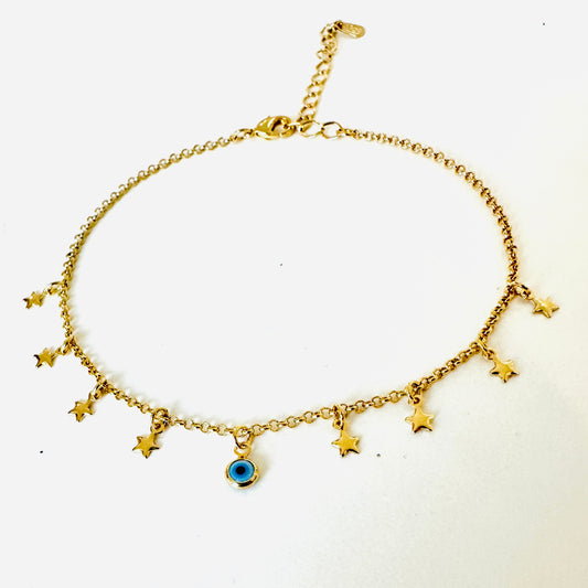 Delicate Stars and Evil Eye Anklet - 18K Gold Plated