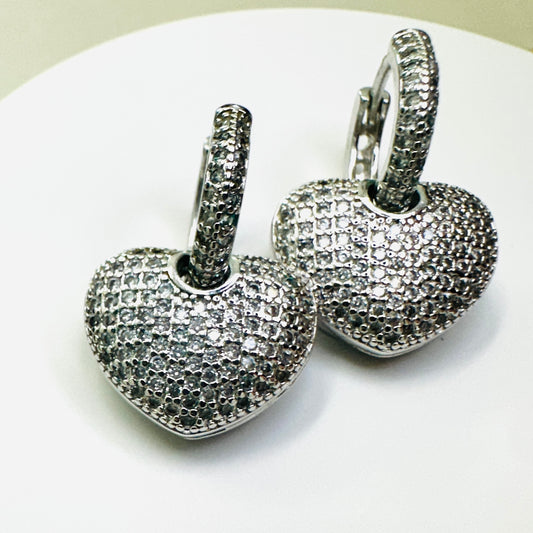 Bold Dangling Heart Studded Zirconia Earrings -White Rhodium Plated