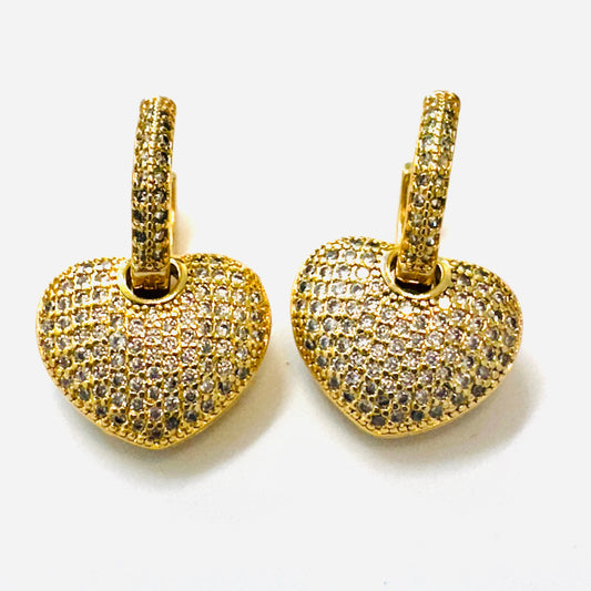 Bold Dangling Heart Studded Zirconia Earrings - 18K Gold Plated