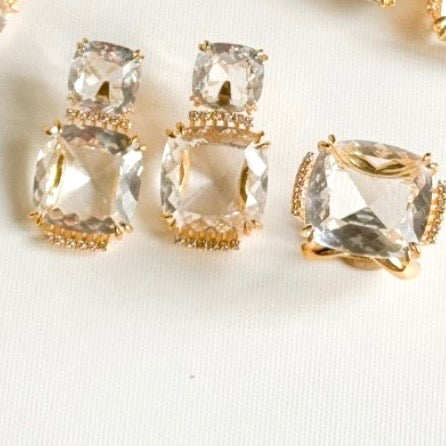 Double Square Crystal Earrings - 18K Gold Plated