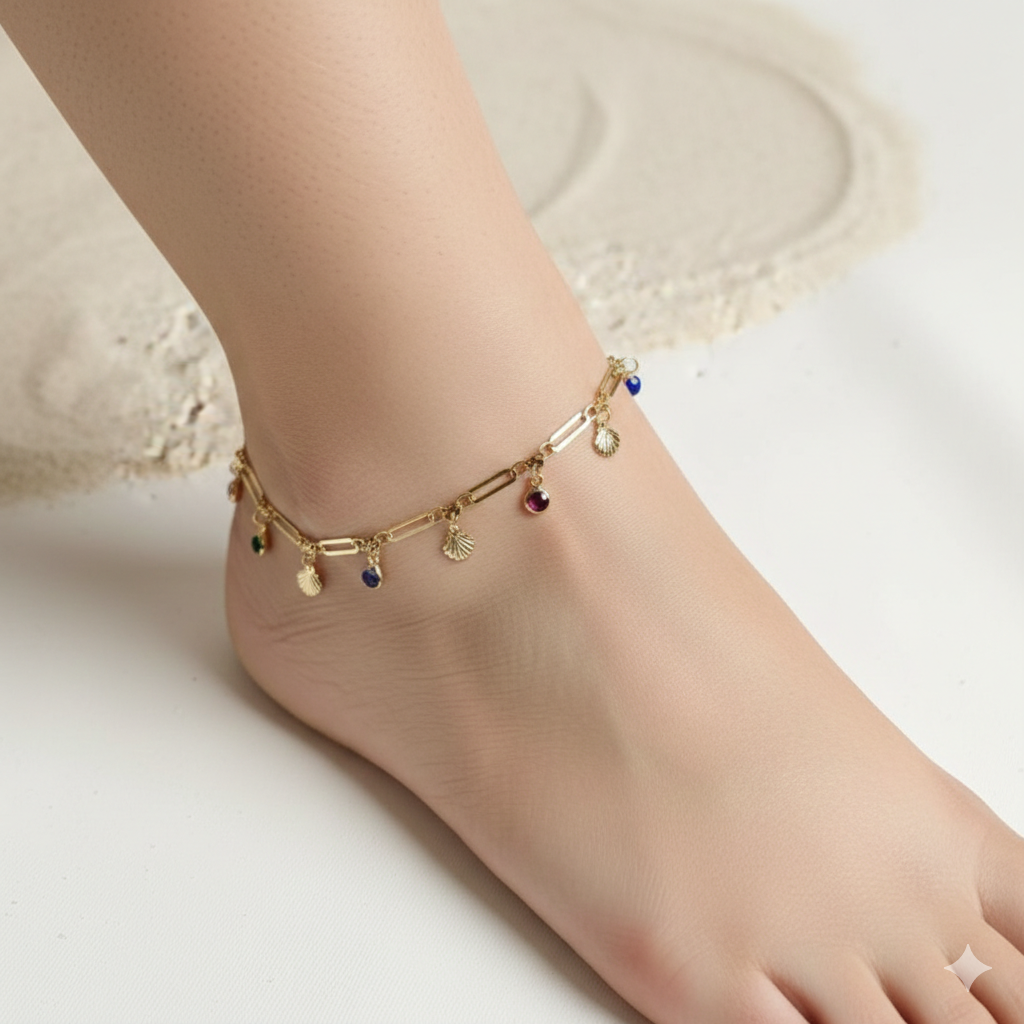 Delicate Shells and Colorful Zirconia Anklet - 18K Gold Plated