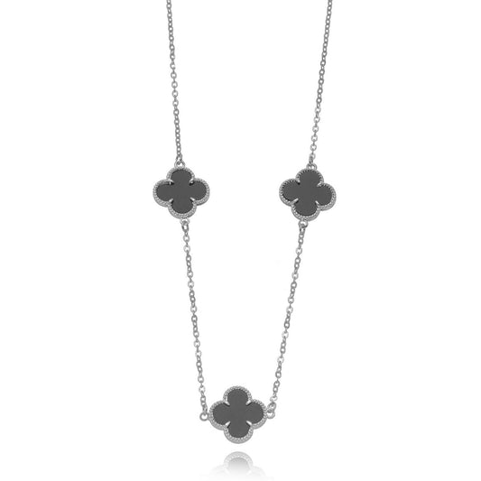 Black Three Lucky Clover - White Rhodium Plated - Choker - 36cm
