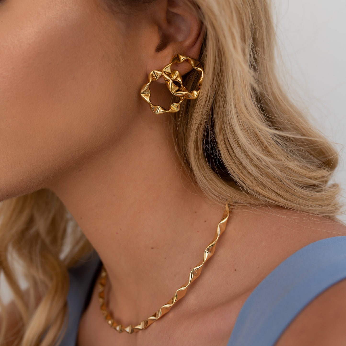 18K Gold Plated Smashed Hoops Stud Earrings