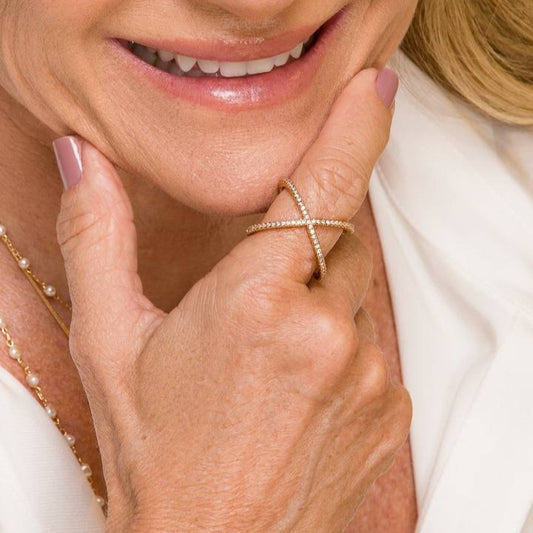 18K Gold Plated Studded Zirconia X Ring