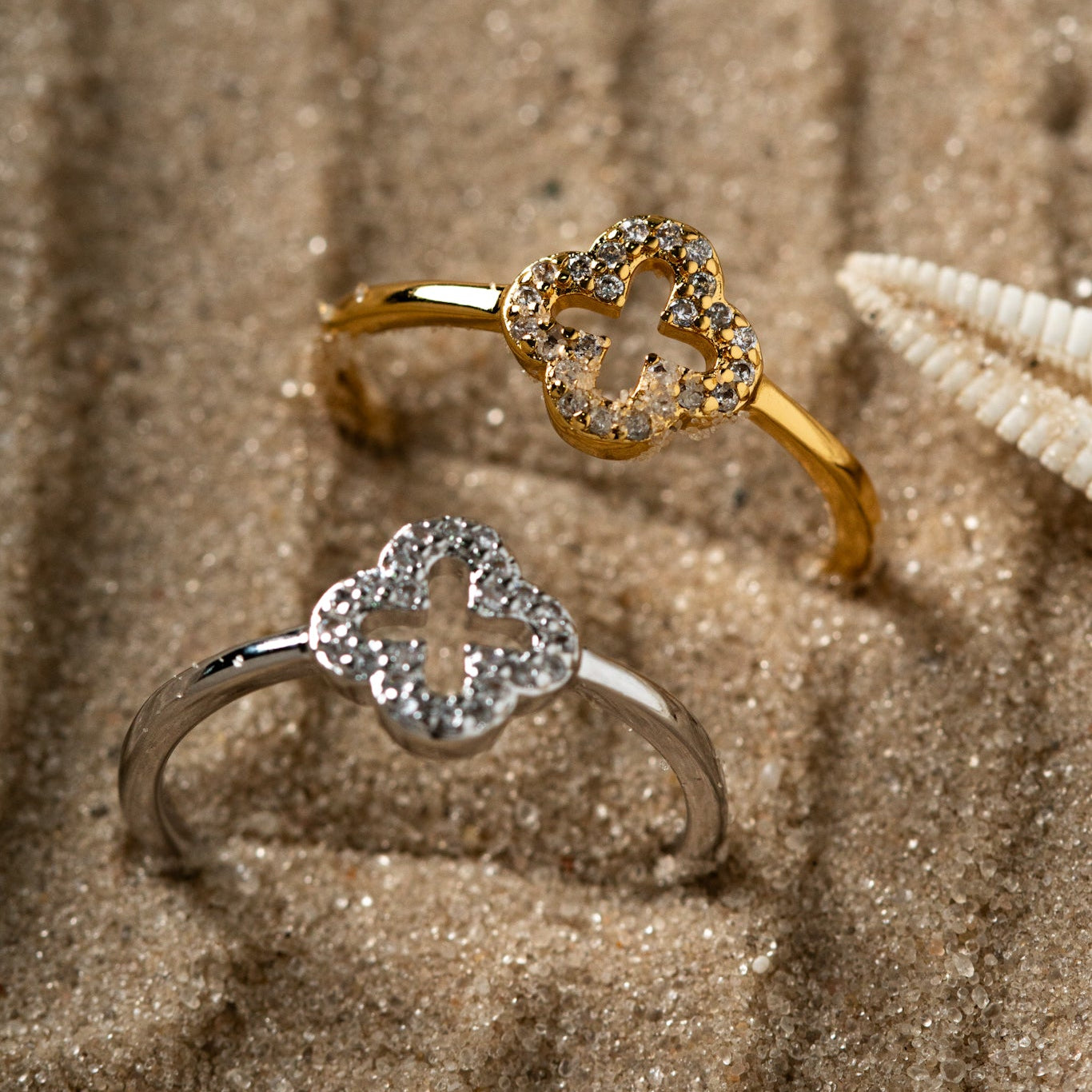 18K Gold Plated Clover Studded Zirconia Ring