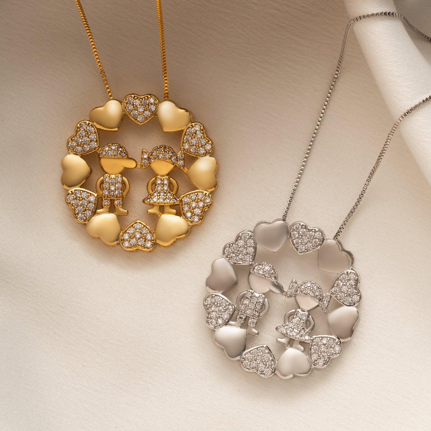 18K Gold Plated Studded Zirconia Boy & Girl Circle Hearts Necklace
