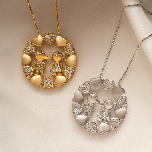 18K Gold Plated Studded Zirconia Boy & Girl Circle Hearts Necklace
