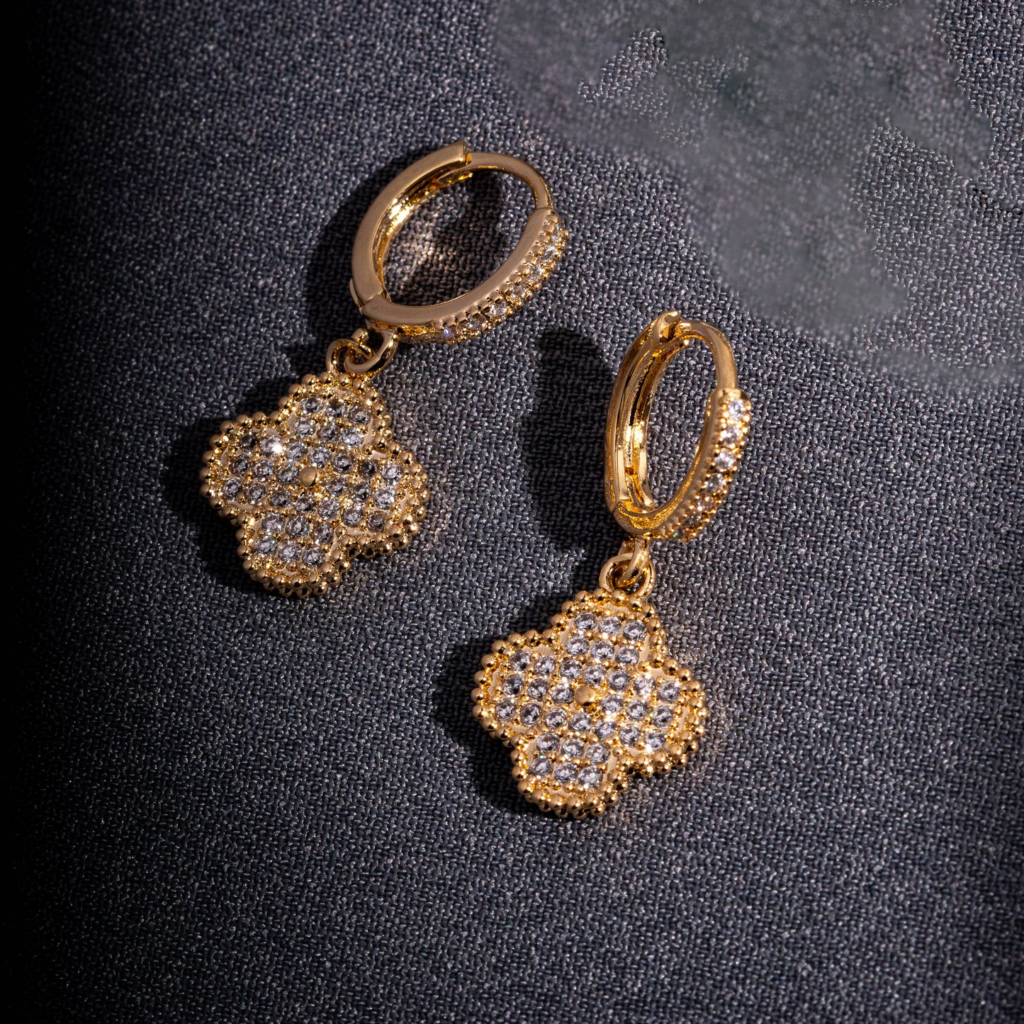 18K Gold Plated Hoops Dangling Studded Zirconia Clover Earrings