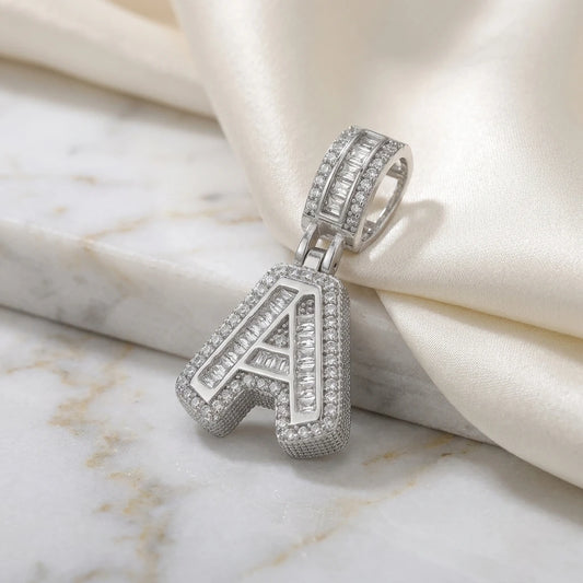 Personalized Letter Studded Zirconia Pendant - White Rhodium Plated