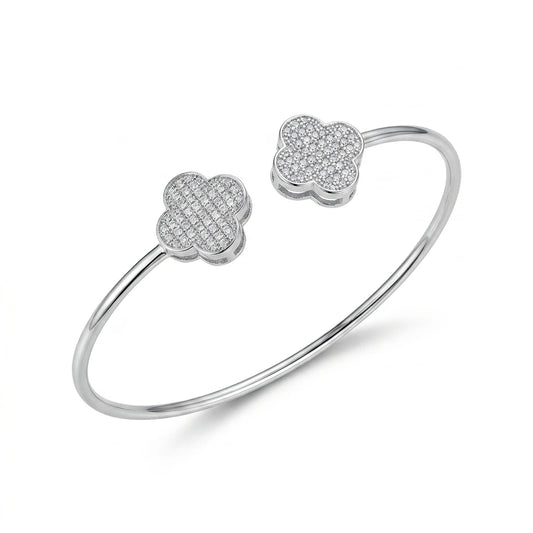 Double Clover Pavé Open Bangle - White Rhodium Plated
