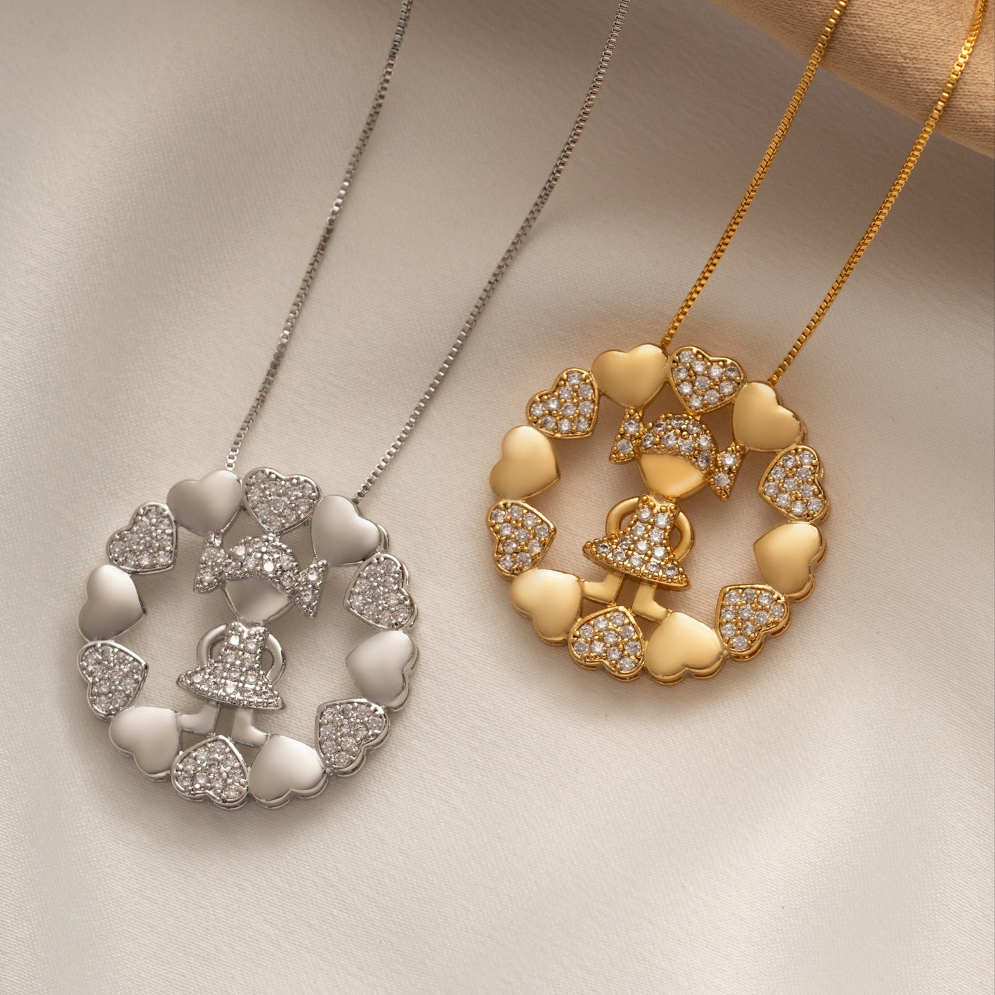 18K Gold Plated Studded Zirconia Girl Circle Hearts Necklace