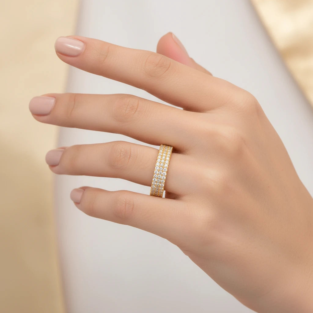 Zirconia Studded 3 Rows Band Ring - 18K Gold Plated Ring