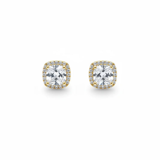 Square Halo Zirconia Stud Earrings - 18K Gold Plated
