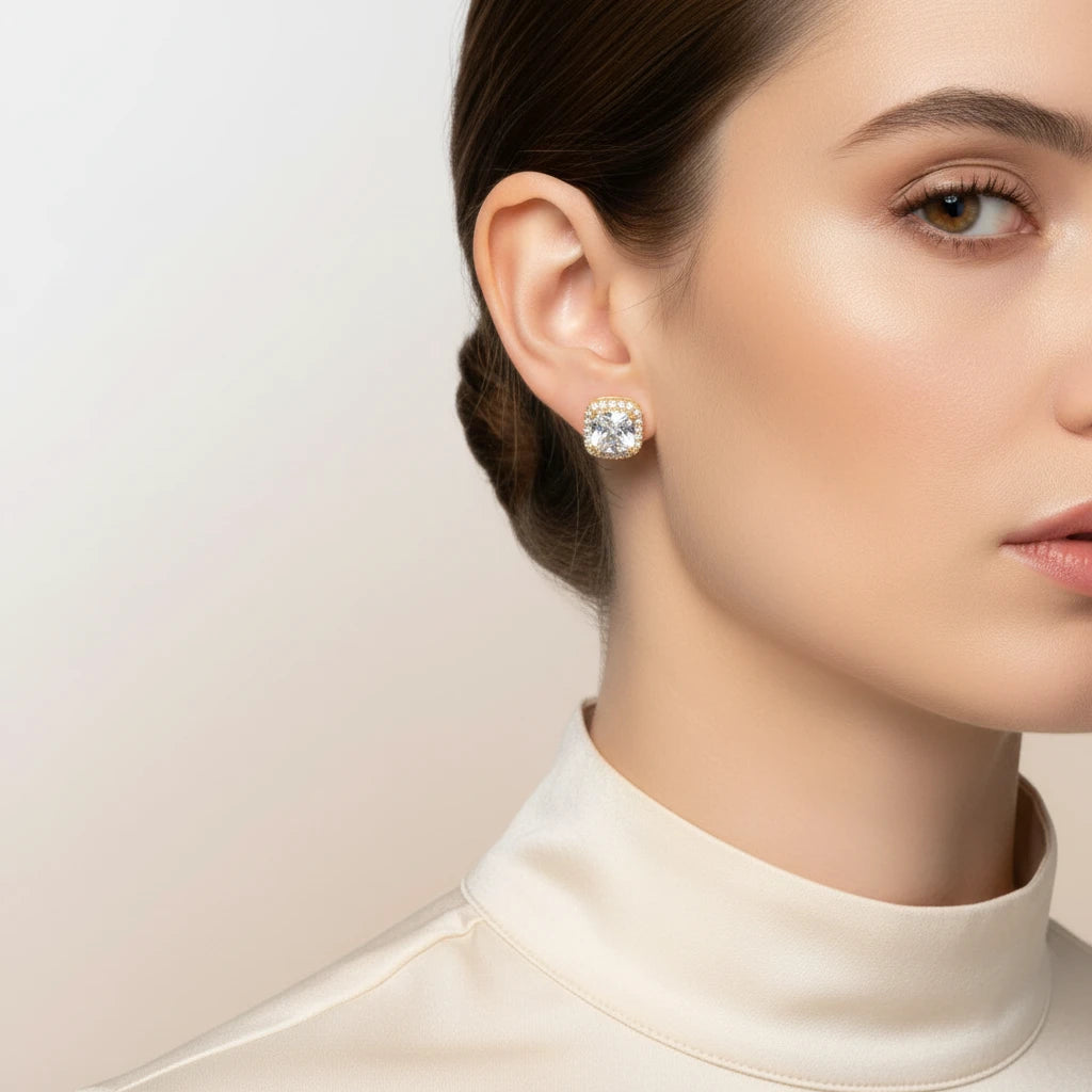 Square Halo Zirconia Stud Earrings - 18K Gold Plated