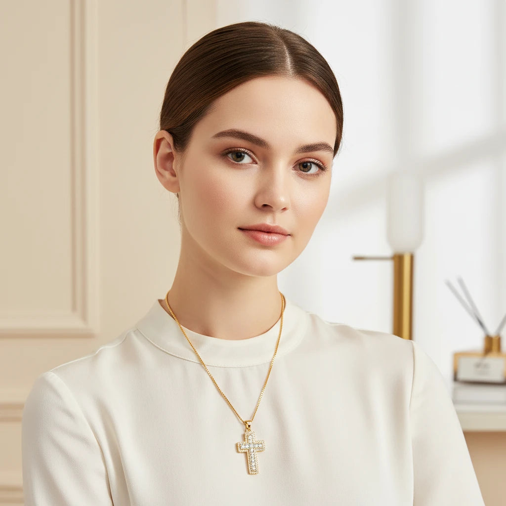 Religious Cross Studded Zirconia Pendant Necklace - 18K Gold Plated