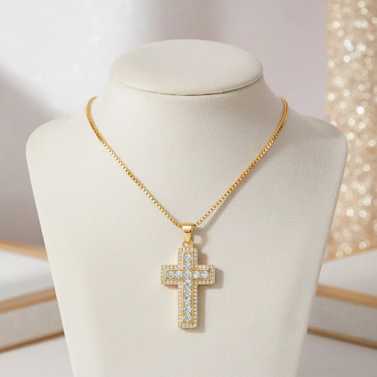 Religious Cross Studded Zirconia Pendant Necklace - 18K Gold Plated