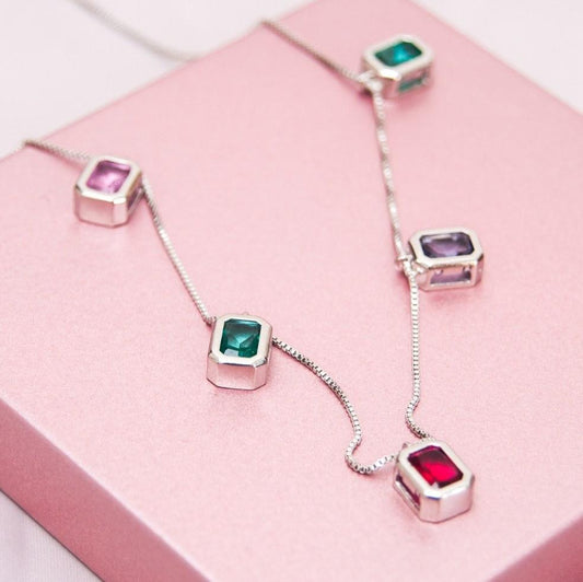 White Rhodium Plated Five Colorful Zirconia Necklace