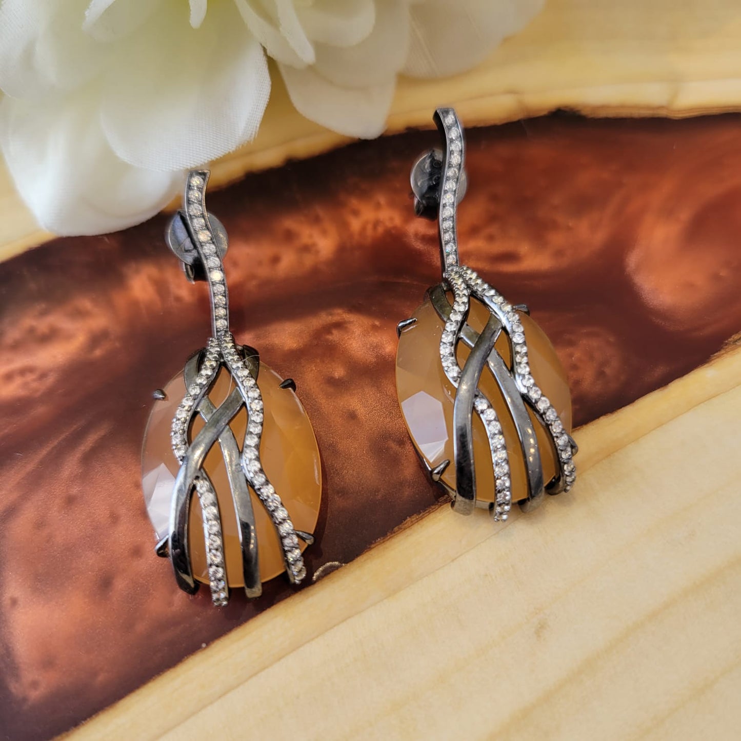 Black Rhodium Nude Quartz Stone Earrings