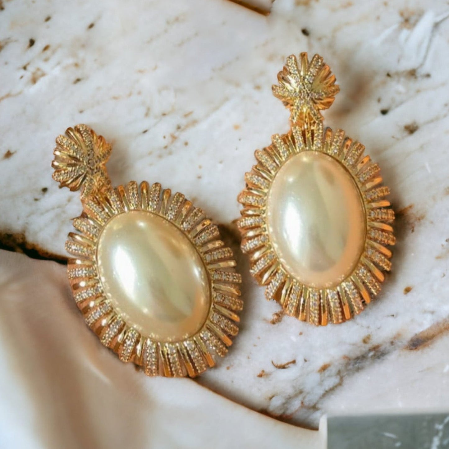 18K Gold Plated Chandelier Oval Pearl Shell Studded Zirconia Earrings