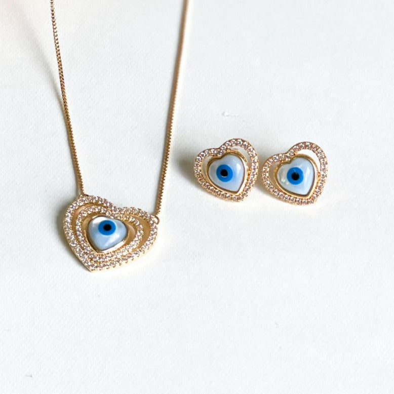18K Gold Plated Evil Eye Studded Zirconia Heart Shape Set