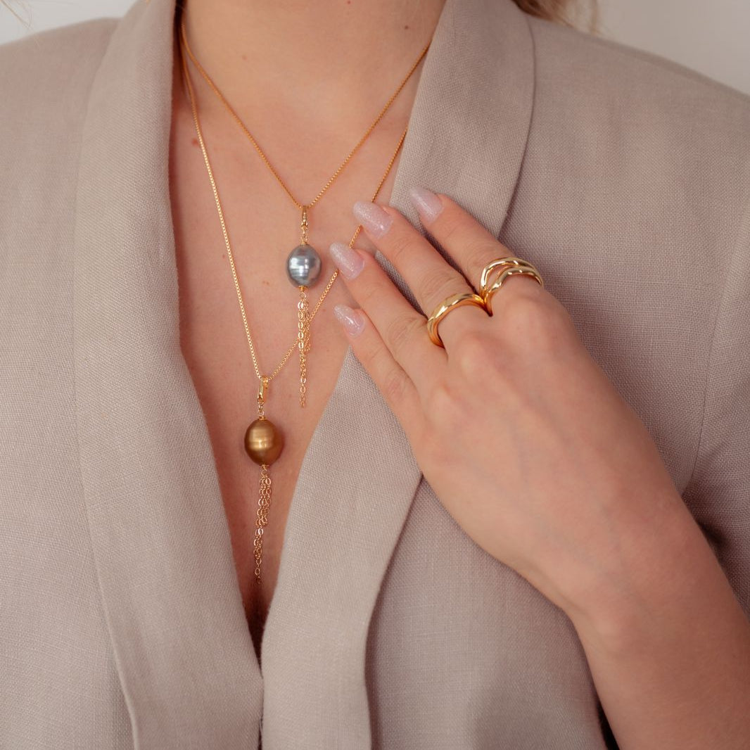 Dangling Large Gray Pearl 18k Gold Plated Earrings and Pendant Set