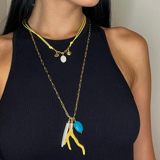 18k Gold Plated Paperclip Long Chain,  Resin Roots, Turquoise and Mother Pearl Pendant Necklace