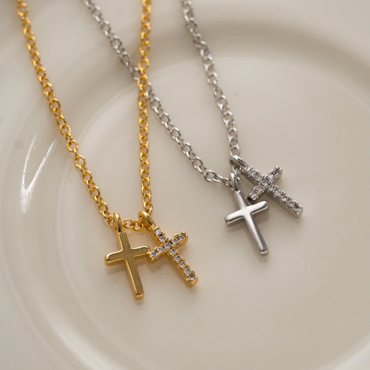 18K Gold Plated Small Double Cross Necklace