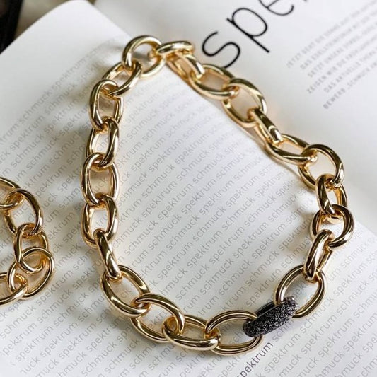 18K Gold Plated Wide Chain Necklace, one piece Black Rhodium Plated Studded Zirconia