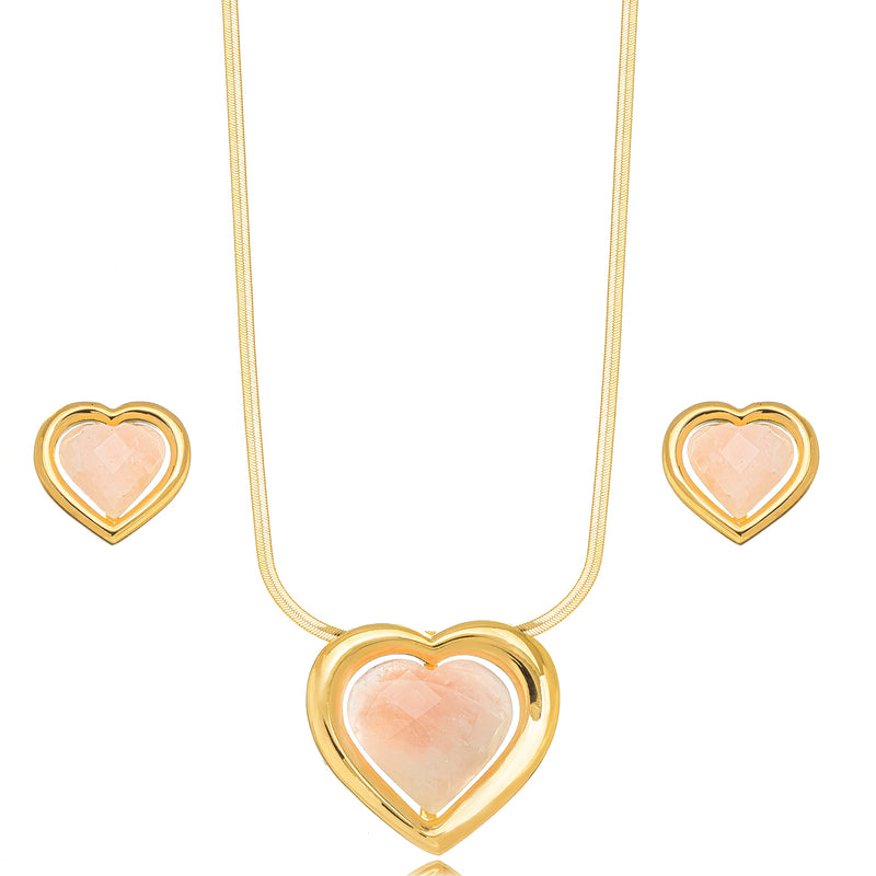 18K Gold Plated Rose Quartz Stone- Large Heart Set - Necklace and Earrings