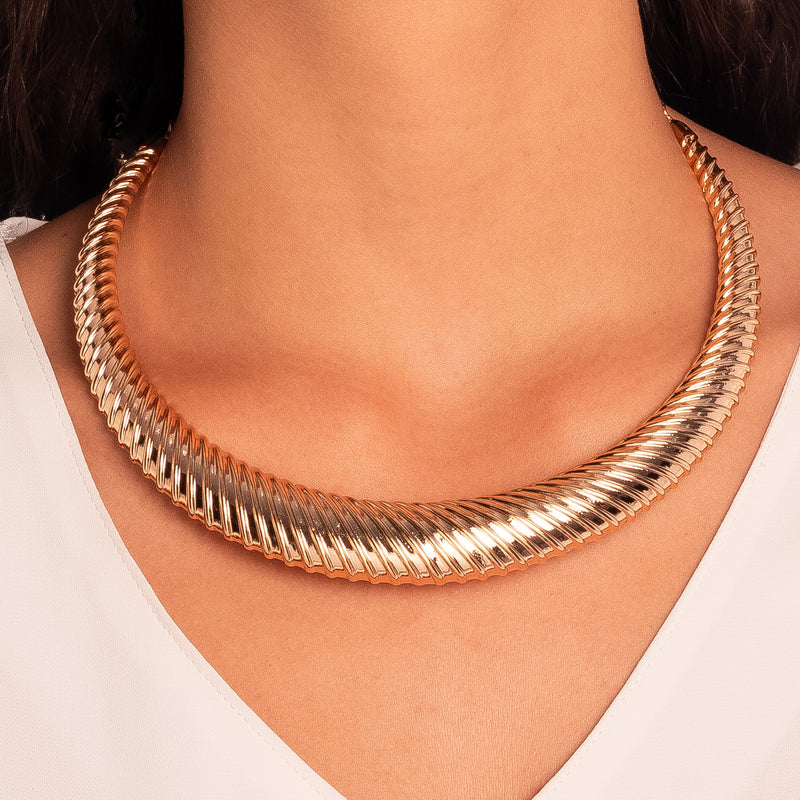 18K Gold Plated Textured Rigid Choker Necklace