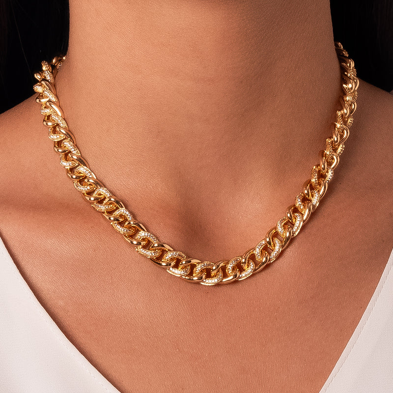 18K Gold Plated Studded Zirconia Cuban Link Necklace