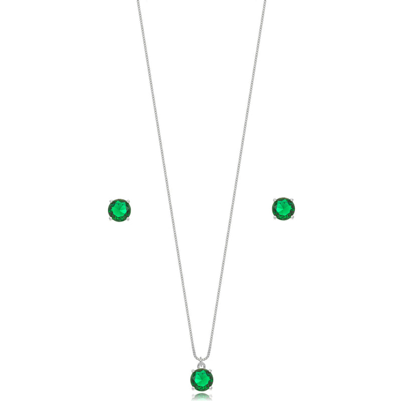 White Rhodium Plated Round Emerald Set