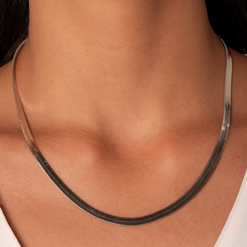 White Rhodium Plated Flat Herringbone Necklace 55cm