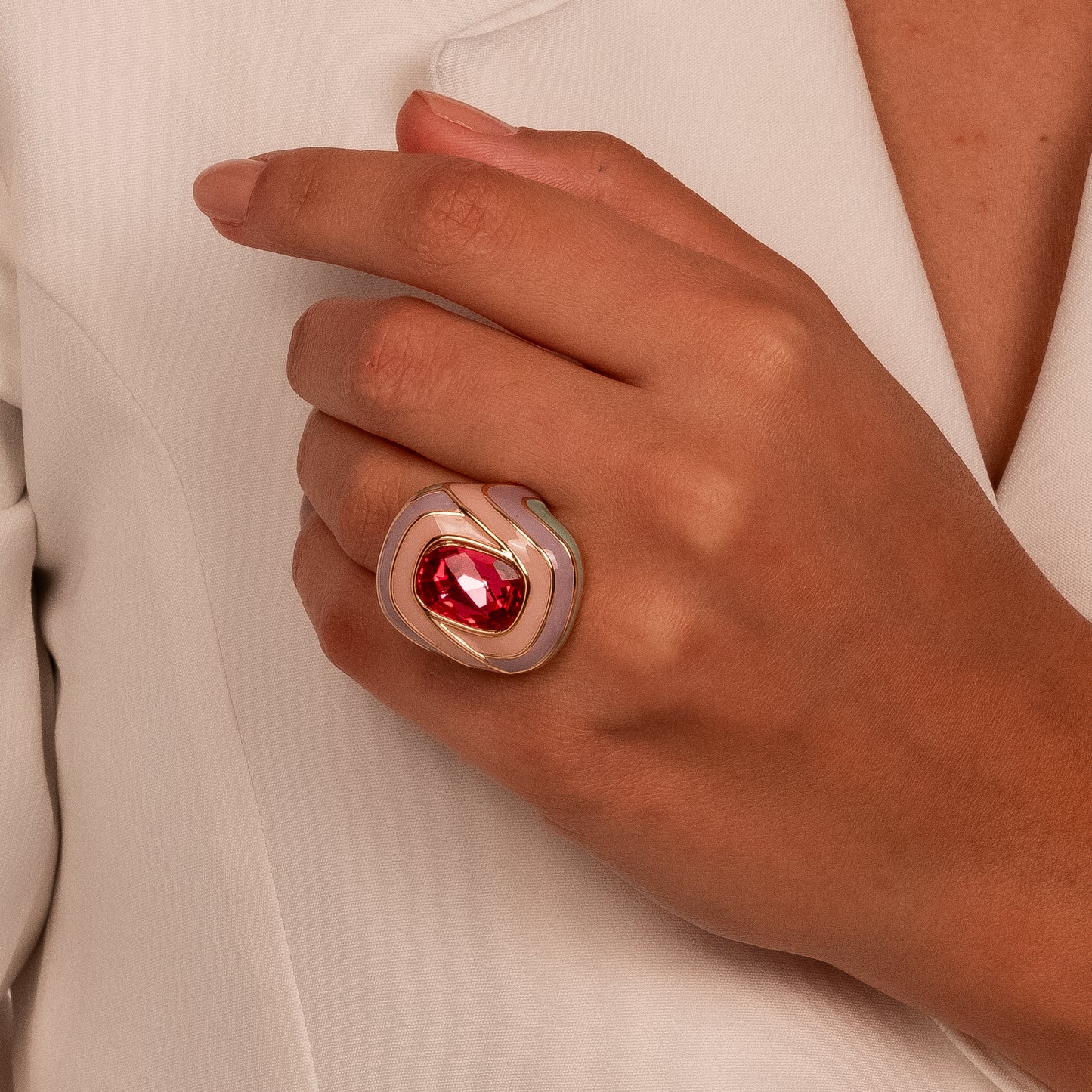 18K Gold Plated Color Enameling Pink Crystal Ring