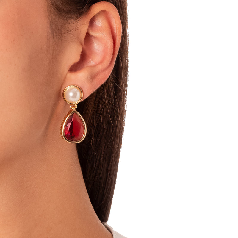 18K Gold Plated Pearls and Red Crystal Earrings