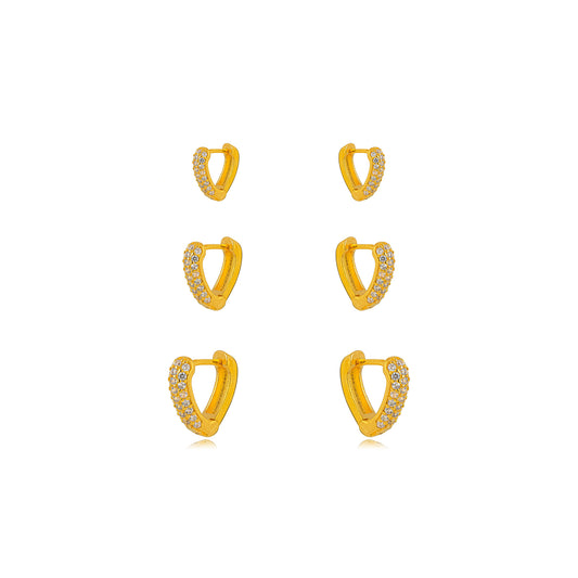 18K Gold Plated Trio Heart Studded Zirconia Earrings
