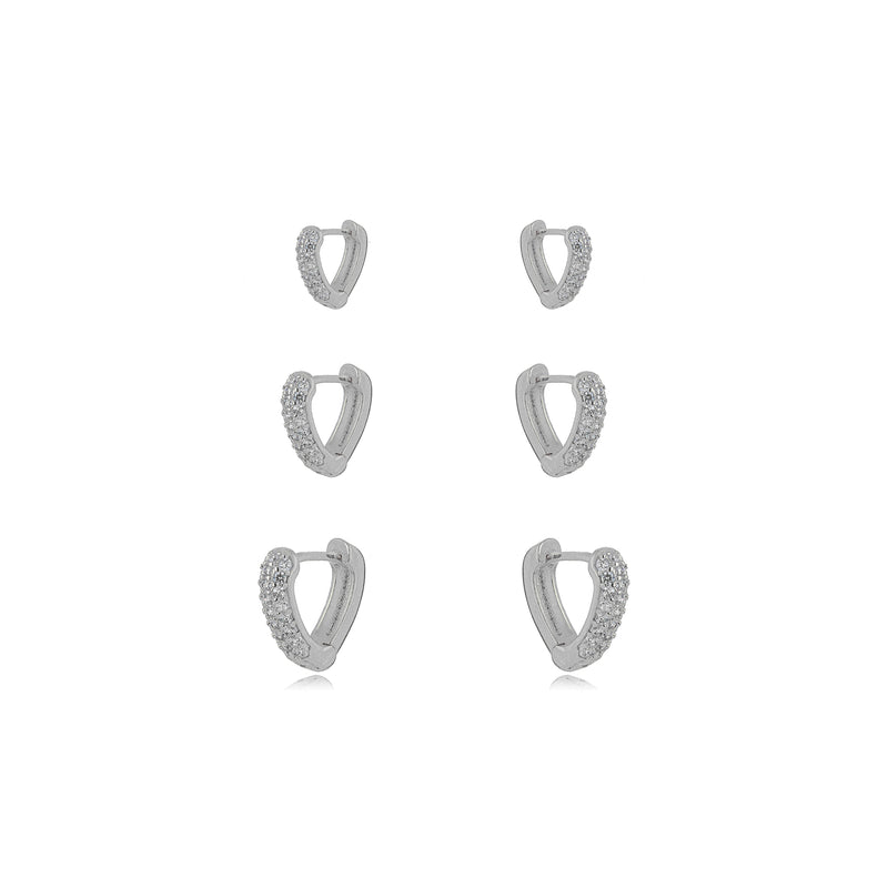 White Rhodium Plated Trio Heart Studded Zirconia Earrings
