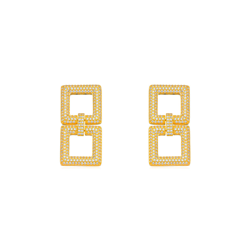 18K Gold Plated Double Square Studded Zirconia Earrings