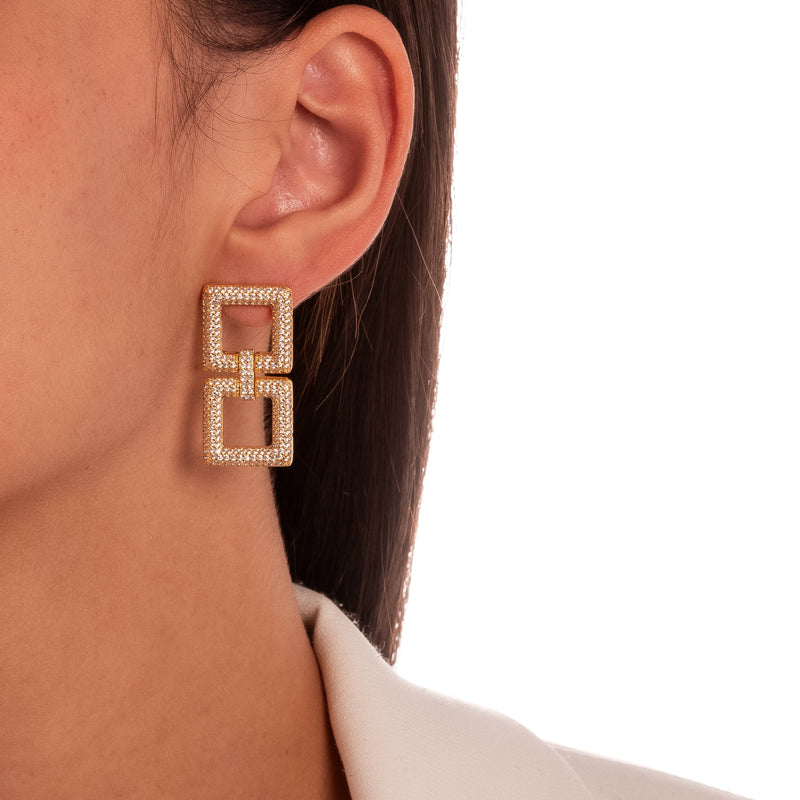 18K Gold Plated Double Square Studded Zirconia Earrings