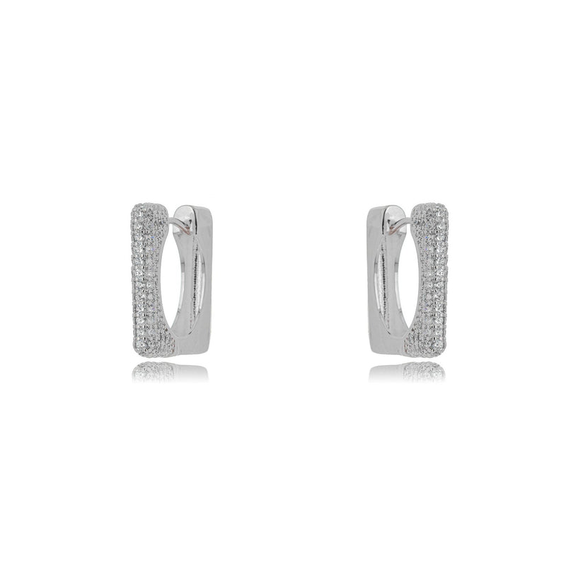 White Rhodium Plated Square Click Studded Zirconia Earrings